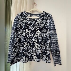 Cino Batik Floral Top Womens XX-Large Blue Boho‎ Long Sleeve Cotton Mixed Media